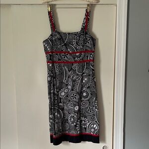Studio I Black and White Paisley Midi Dress with Red Accents
